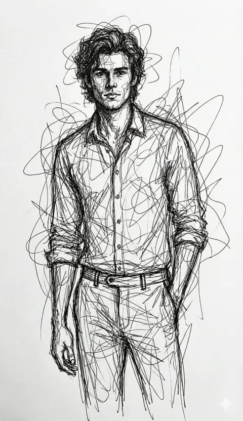 Extremely abstract graffiti portrait composed of chaotic black ink lines