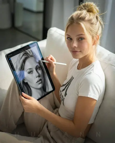 Extremely realistic portrait creation on sofa and iPad