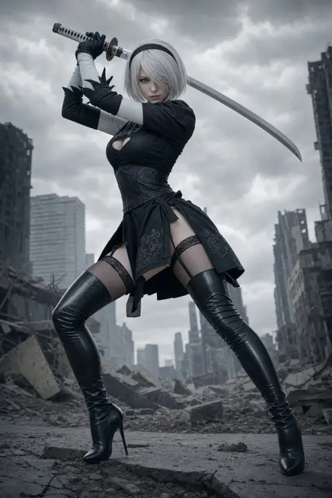 Extremely sweet Japanese idol face 2B ruins fighting posture