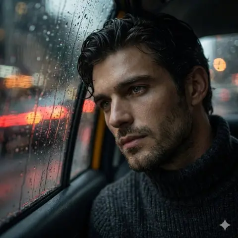 Eyes in the back seat of a taxi on a rainy night