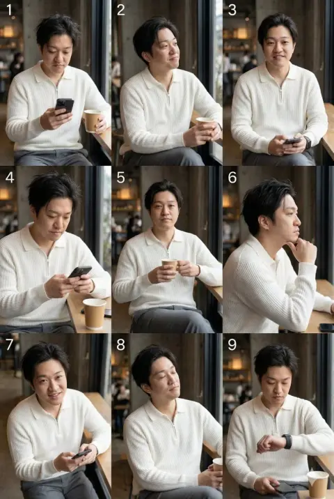 Face of male model with nine-square grid in industrial style cafe