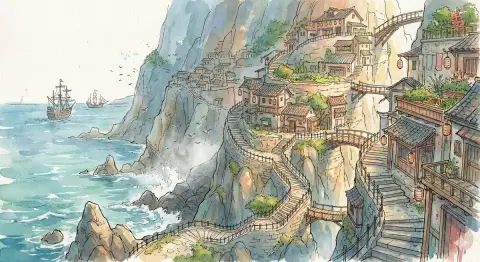 Fairytale village by the sea in watercolor painting of cliff