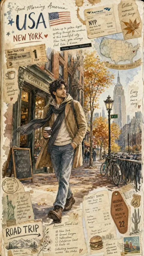 Fantasy American travel diary hand drawn illustration