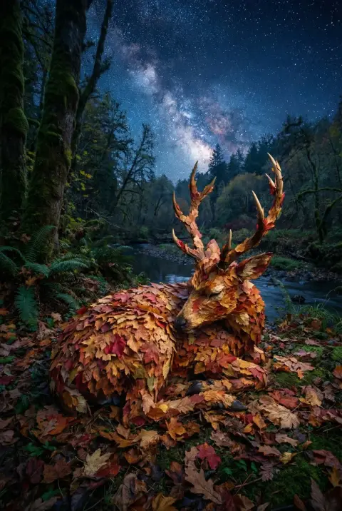 Fantasy deer with autumn leaves under the stars and moonlight