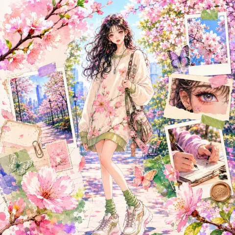 Fantasy Japanese and Korean watercolor style spring cherry blossom girl collage poster