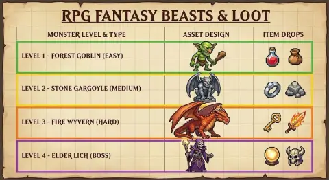 Fantasy monster illustration and drop setting table