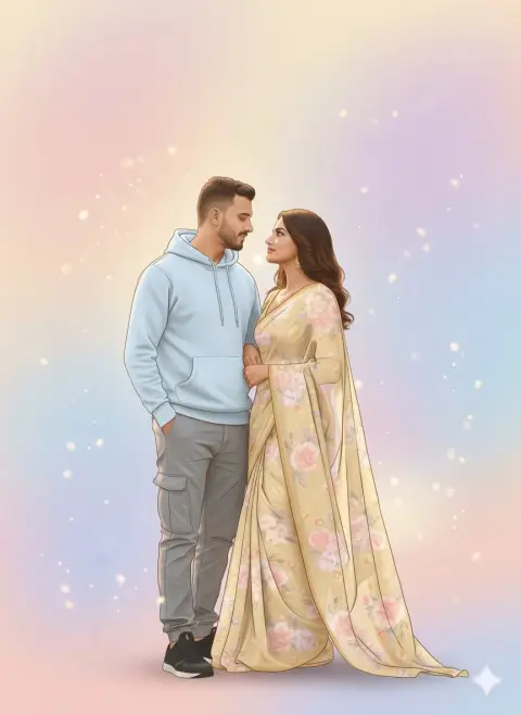 Fantasy pastel vector style romantic illustration of couple