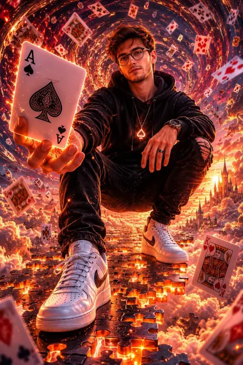Fantasy portrait of licensed young man on sunset puzzle path in the clouds