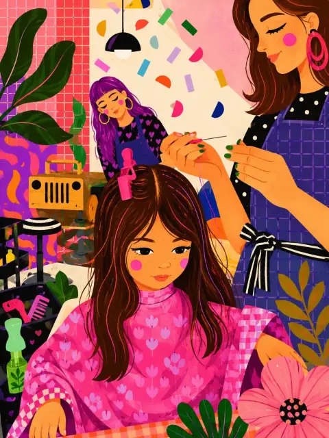 Fantasy retro girly style hair salon illustration