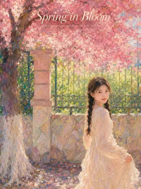 Fantasy Spring Cherry Blossom Impressionist Oil Painting Portrait Poster