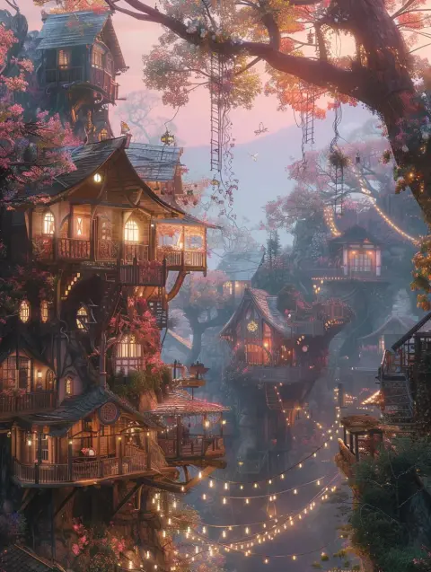 Fantasy Treehouse Village with Warm Cinematic Lighting