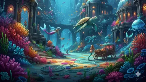 Fantasy Undersea City Mermaid Roams Fluorescent Trail