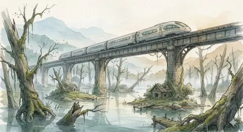Fantasy watercolor: train traveling through flooded jungle