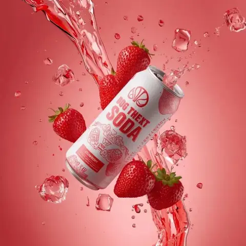 Fantasy weightless strawberry soda, surreal product suspension