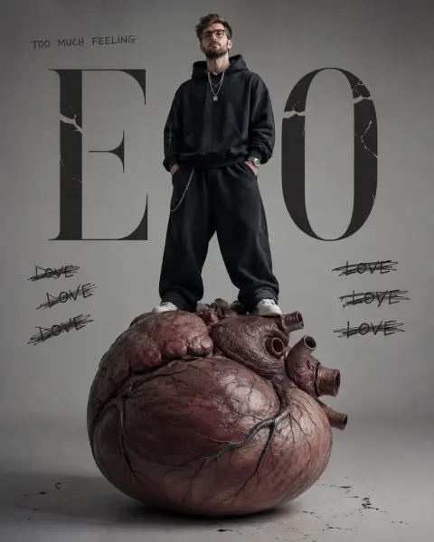 Fashion concept portrait of black teenager standing on huge heart