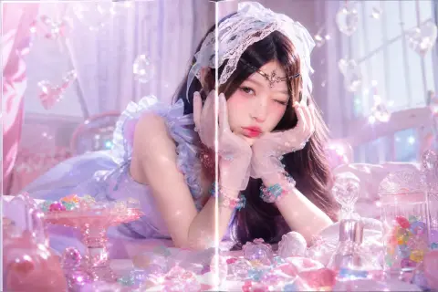 fashion magazine centerfold of a fairy princess in y2k kawaii styling, pastel frill dress, lace hair ribbon, charm bracelets, translucent gloves, crystal forehead accessory, glossy pink lips, soft blush, big sparkling eyes, cute pout and wink expression, magical girl aesthetic, candy jewels and colorful gem toys scattered around, dreamy bedroom-studio setting, sunlight and flash mixed lighting, soft shimmer, fairycore, y2k idol editorial, playful and youthful, highly aesthetic, photorealistic editorial shoot, girlish luxury, centerfold layout, dreamy and magical, no readable text --ar 4:5