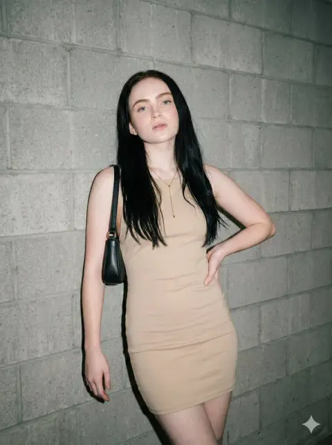 Fashion portrait in beige backless dress under city flash lights