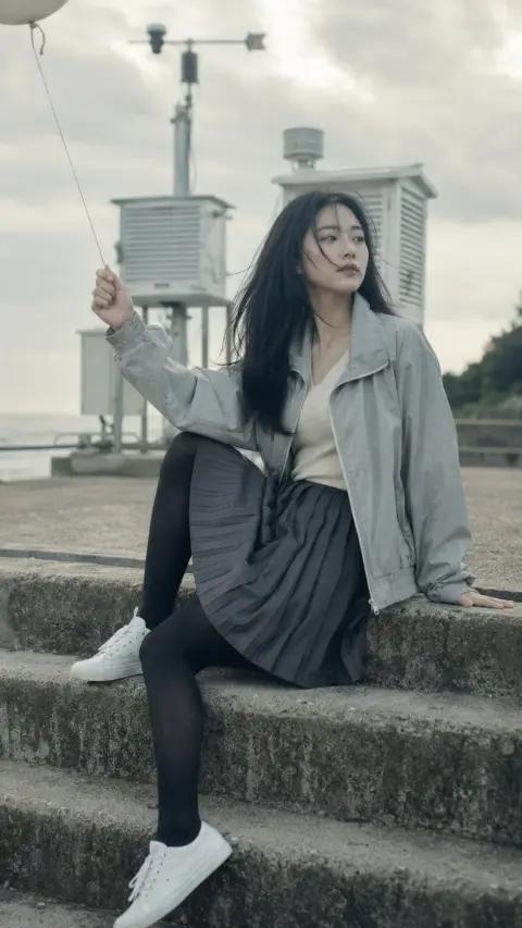Fashion portrait of Korean idol at seaside weather station