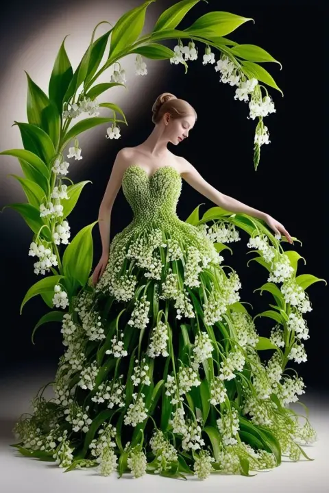 Fashion portrait of ethereal woman dressed in lily of the valley