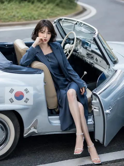 Fashion portrait of elegant Japanese woman inside retro convertible car