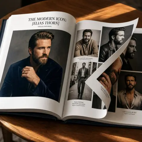 Fashion portrait with open page of luxury hardcover photography book