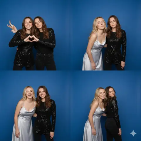 Fashionable bestie’s four-frame selfie photo in blue studio