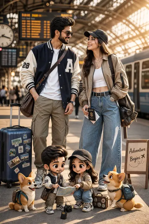 Fashionable couple and miniature cartoon partners at train station