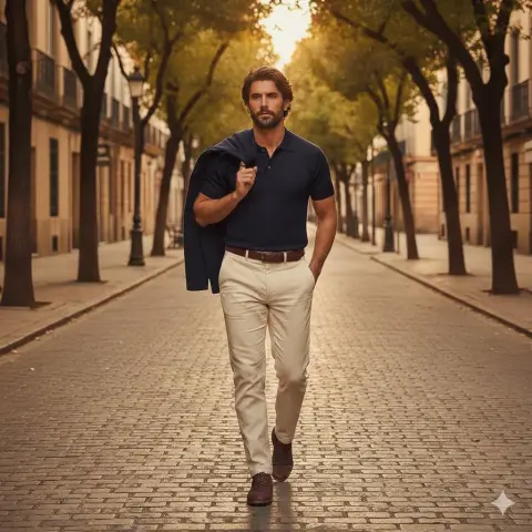 Fashionable gentleman walking on the streets of Europe under dusk light and shadow