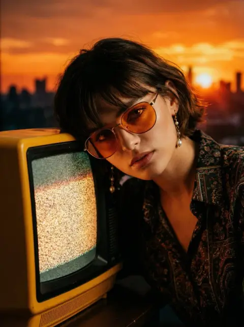 Fashionable girl at sunset in front of retro TV