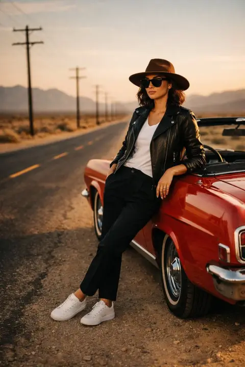 Fashionable girl next to a convertible in the desert at twilight