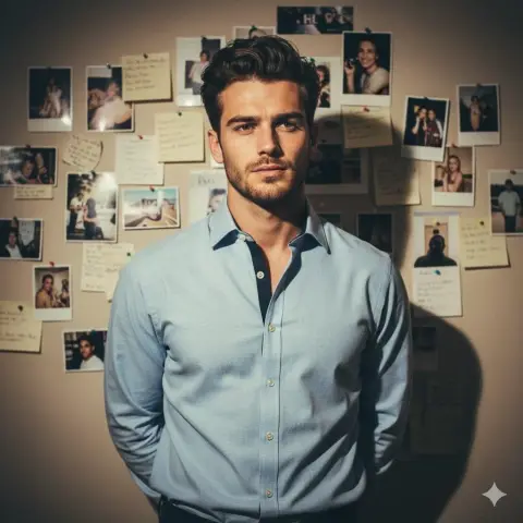 Fashionable male model from the 1990s in front of the polaroid wall