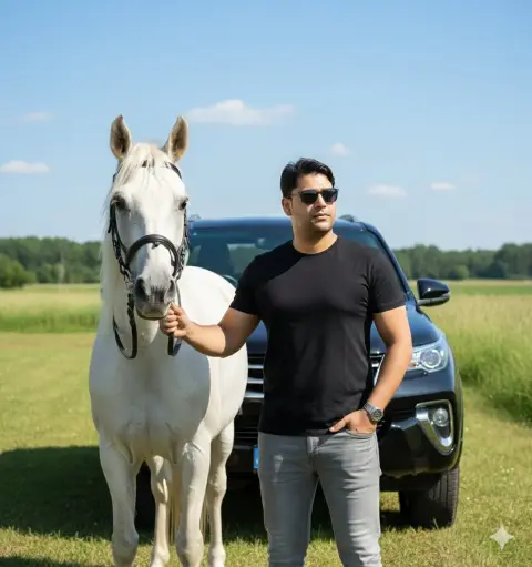 Fashionable man holding a white horse standing next to a black off-road vehicle
