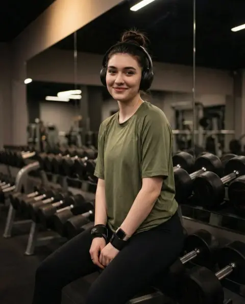 Fashionable sports girl sitting confidently in the gym under warm light and shadow