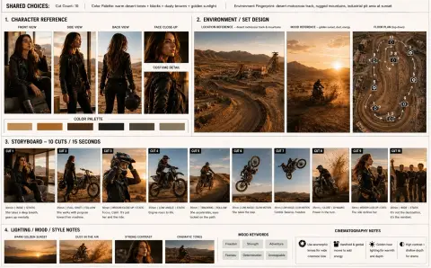 Fashionable women desert off-road motorcycle movie storyboard