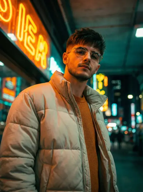 Fashionable youth under neon tunnel
