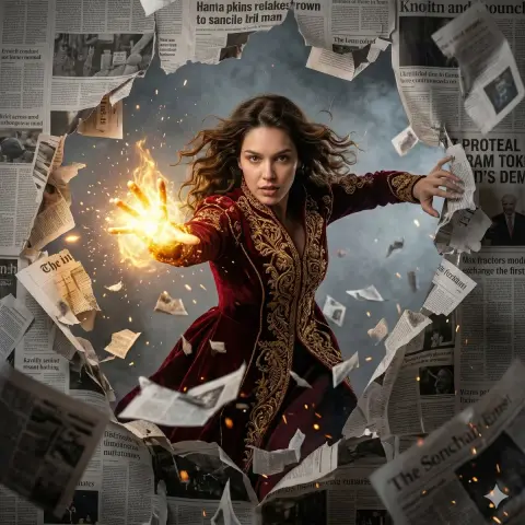 Female mage breaks through newspaper wall and releases golden flames