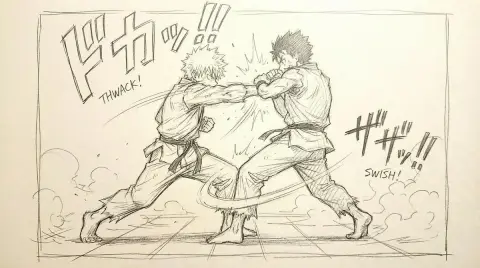 Fierce fighting sketches in the style of hot-blooded shounen comics