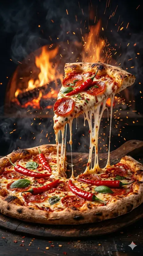 Fiery red pepper suspended in flames