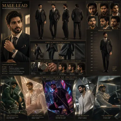 Film and television-level male protagonist design board and geometric broken reflection concept