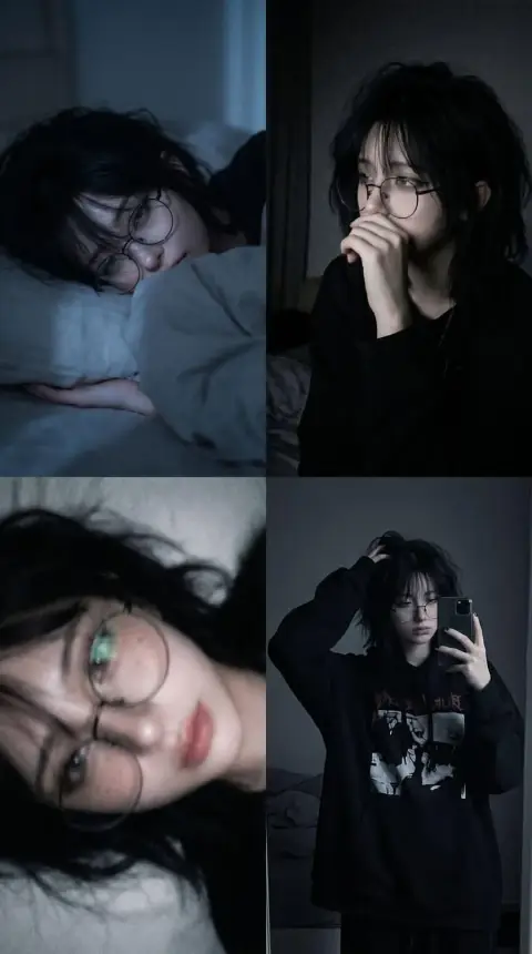 Film collage in bedroom of teenager with dark hair and glasses in melancholy atmosphere