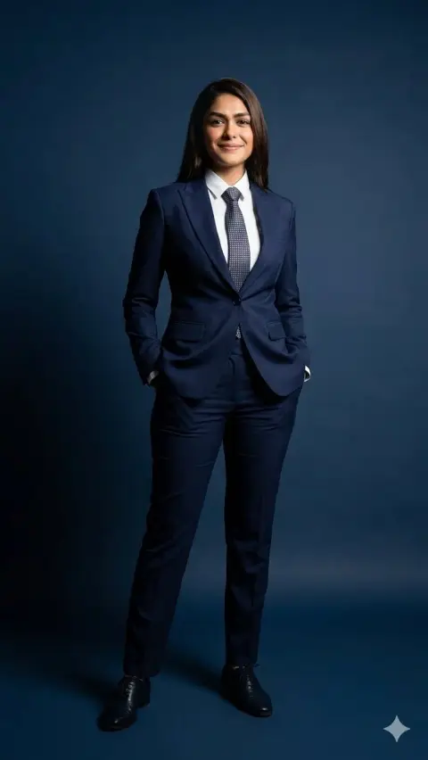 Film-like full body portrait of female executive in dark blue suit
