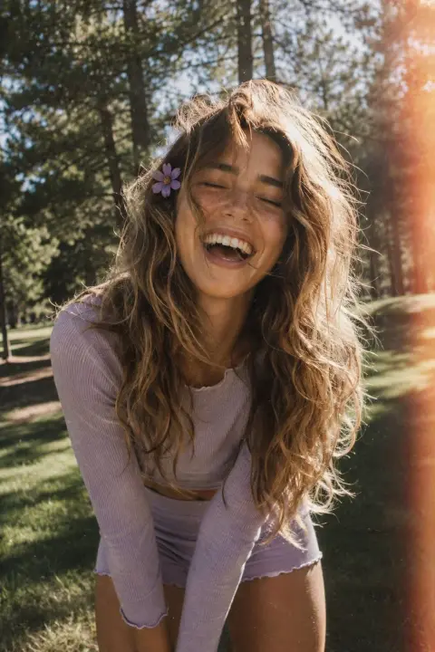 Film-like girl in lavender suit under the sun