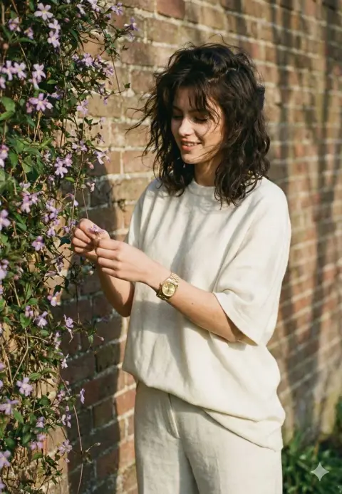 Film-like literary girl in front of the old wall in the spring garden