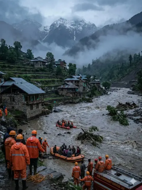 Flash floods in Kashmir and emergency rescue by firefighters