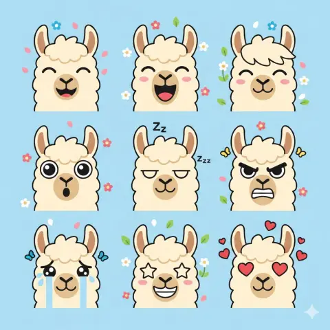 Flat vector alpaca expression pack sticker