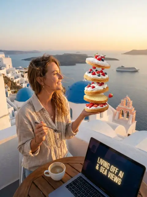 Floating strawberry cake at sunset in Santorini