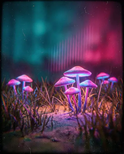 Fluorescent mushroom bush under blurred neon light