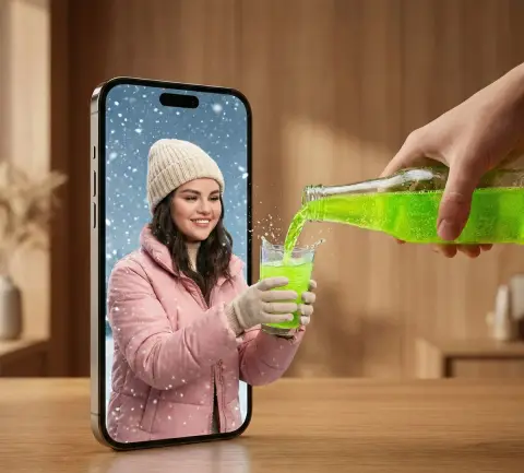 Fluorescent soda poured across the screen into the ice and snow world
