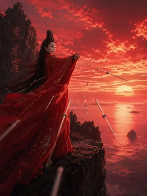 Flying needles in red clothes stand proudly on the cliff at Heimu Cliff