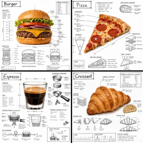 Food black and white technical annotation infographic